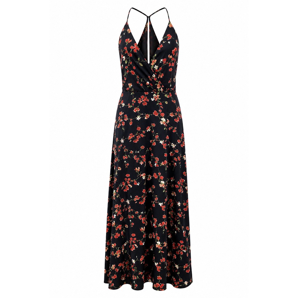 Lush Floral Maxi Dress Women Small Black Floral V-Neck Halter Slit